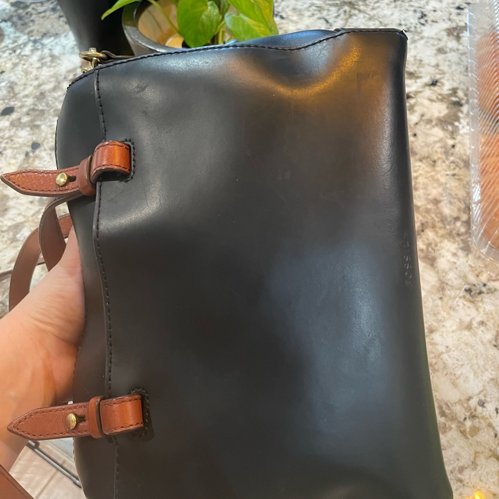 Fossil Rachel Handbag Beautiful Black Leather With Brown Handles.    New - Picture 3 of 5